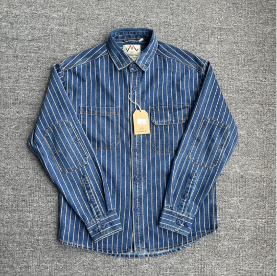 Men's Retro Denim Striped Cargo Shirt - 100% Cotton