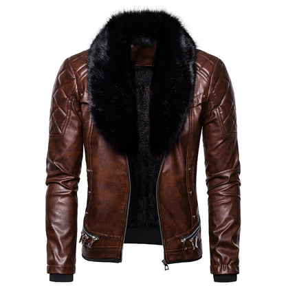 Stylish Solid Color Men's Leather Jacket with Fur Collar