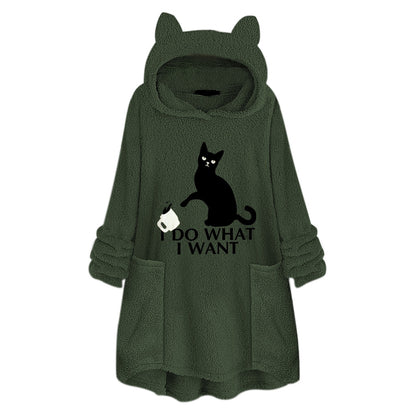 Long Sleeve Cat Print Hoodie with Irregular Hem