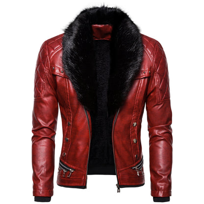 Stylish Solid Color Men's Leather Jacket with Fur Collar