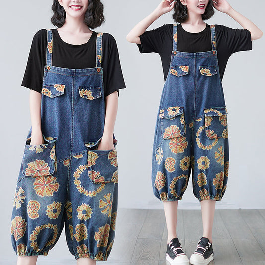 Women's Printed Denim Stitching Suspenders Outfit