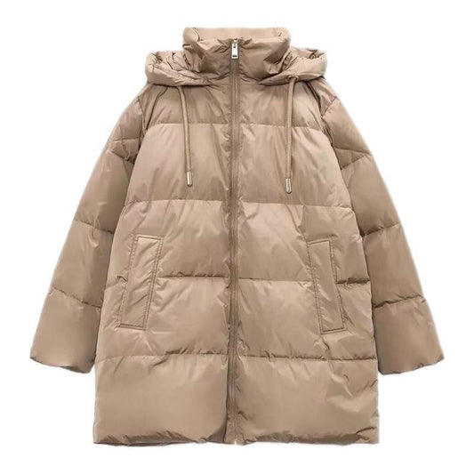 Women's Solid Color Down Jacket with Hood and Zipper