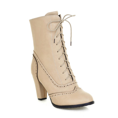 Plus Size Women's Lace Up High Heel Short Boots 40-43
