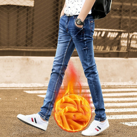 Fleece-lined Men's Slim Fit Jeans for Autumn & Winter