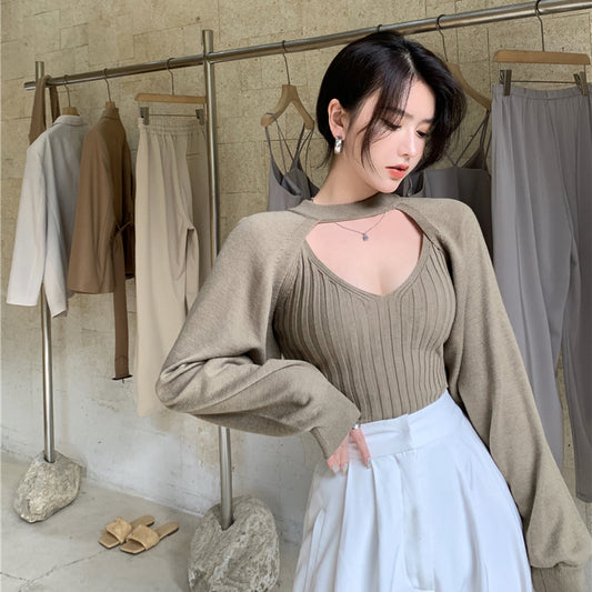 Korean Style Long Sleeve Crop Hoodie with Cape Design