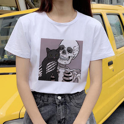 Kawaii Skull Cat Girl T-Shirt Top