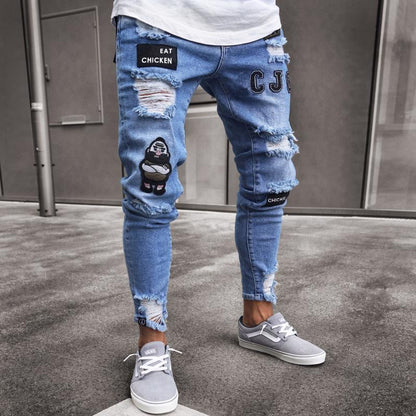 Men's Skinny Ripped Denim Pants with Patch Details