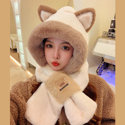 Women's Winter Plush Hat Scarf Set with Bear Mask