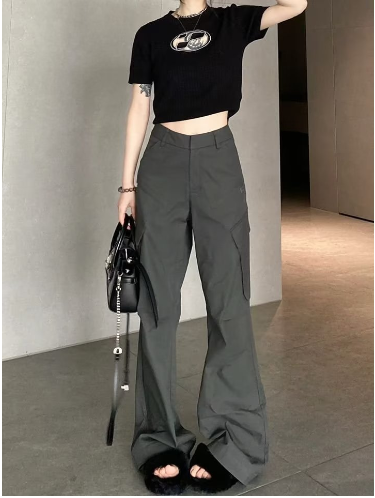 Gray Baggy Cargo Jeans with Flap Pockets for Women