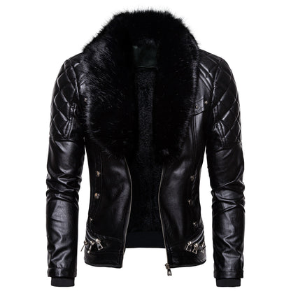 Stylish Solid Color Men's Leather Jacket with Fur Collar