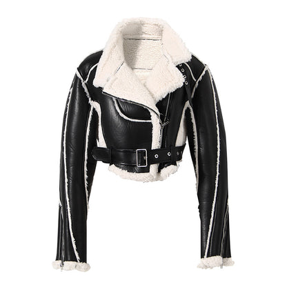 2023 Women's Biker Style Short Jacket with Fur Lining