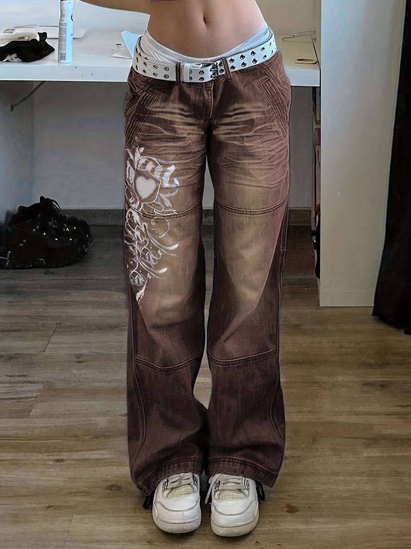 White Floral Print High Waist Baggy Fit Jeans for Women