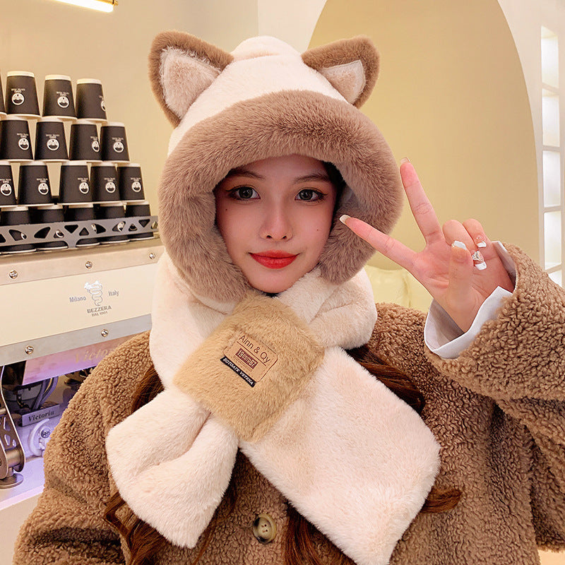 Women's Winter Plush Hat Scarf Set with Bear Mask