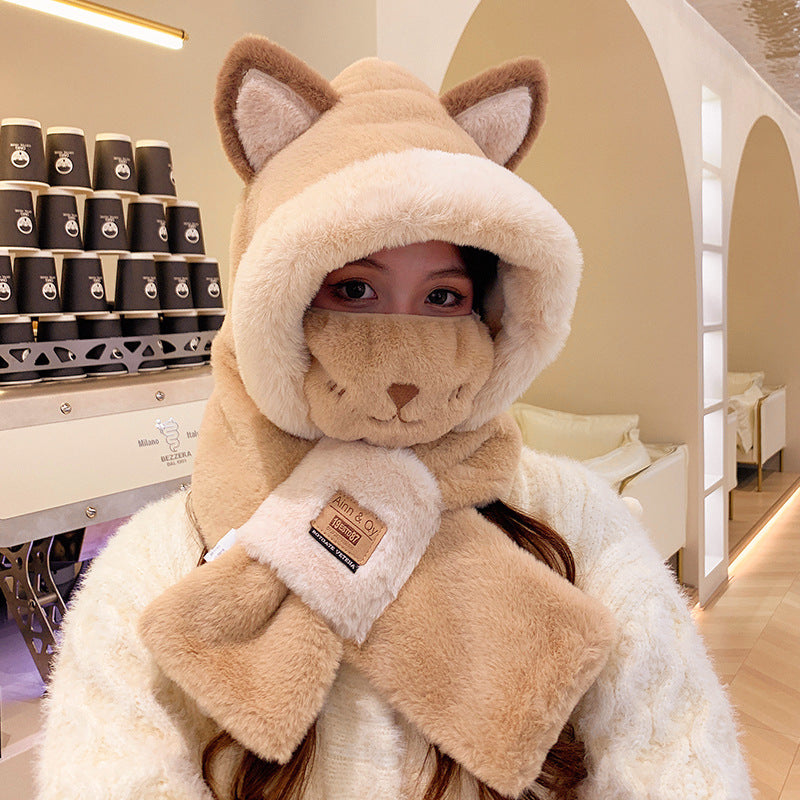 Women's Winter Plush Hat Scarf Set with Bear Mask