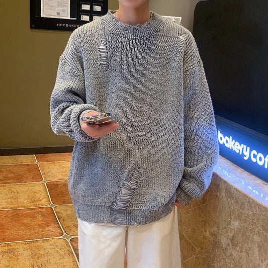 Loose Fit Ripped Round Neck Sweater for Men