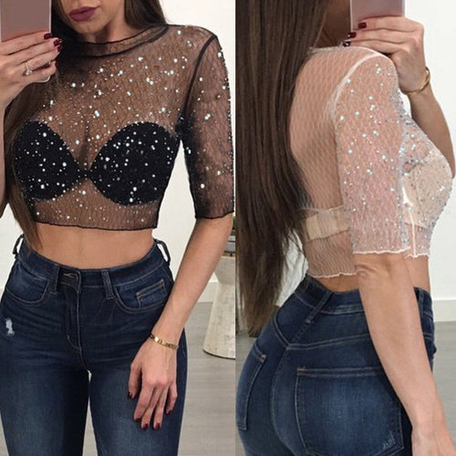Women's Sheer Mesh Top with Rhinestones