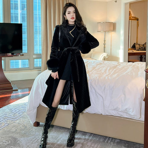 Women's Velvet Black Mid-Length Coat