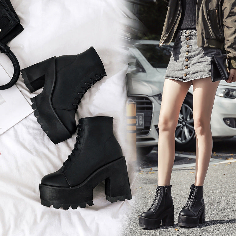 British Short Martin Boots with Thick High Heels